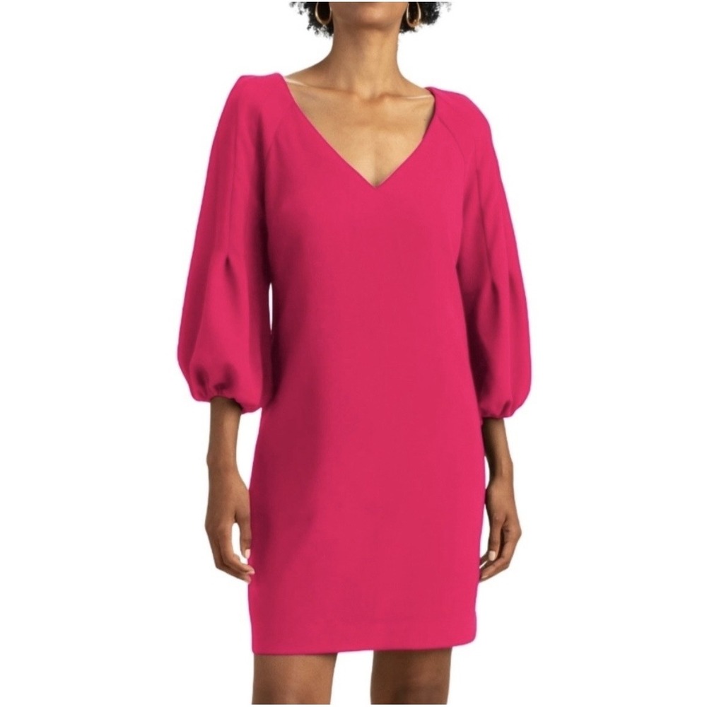 Trina Turk Hot Pink V-Neck Mini Dress with Balloon Sleeves